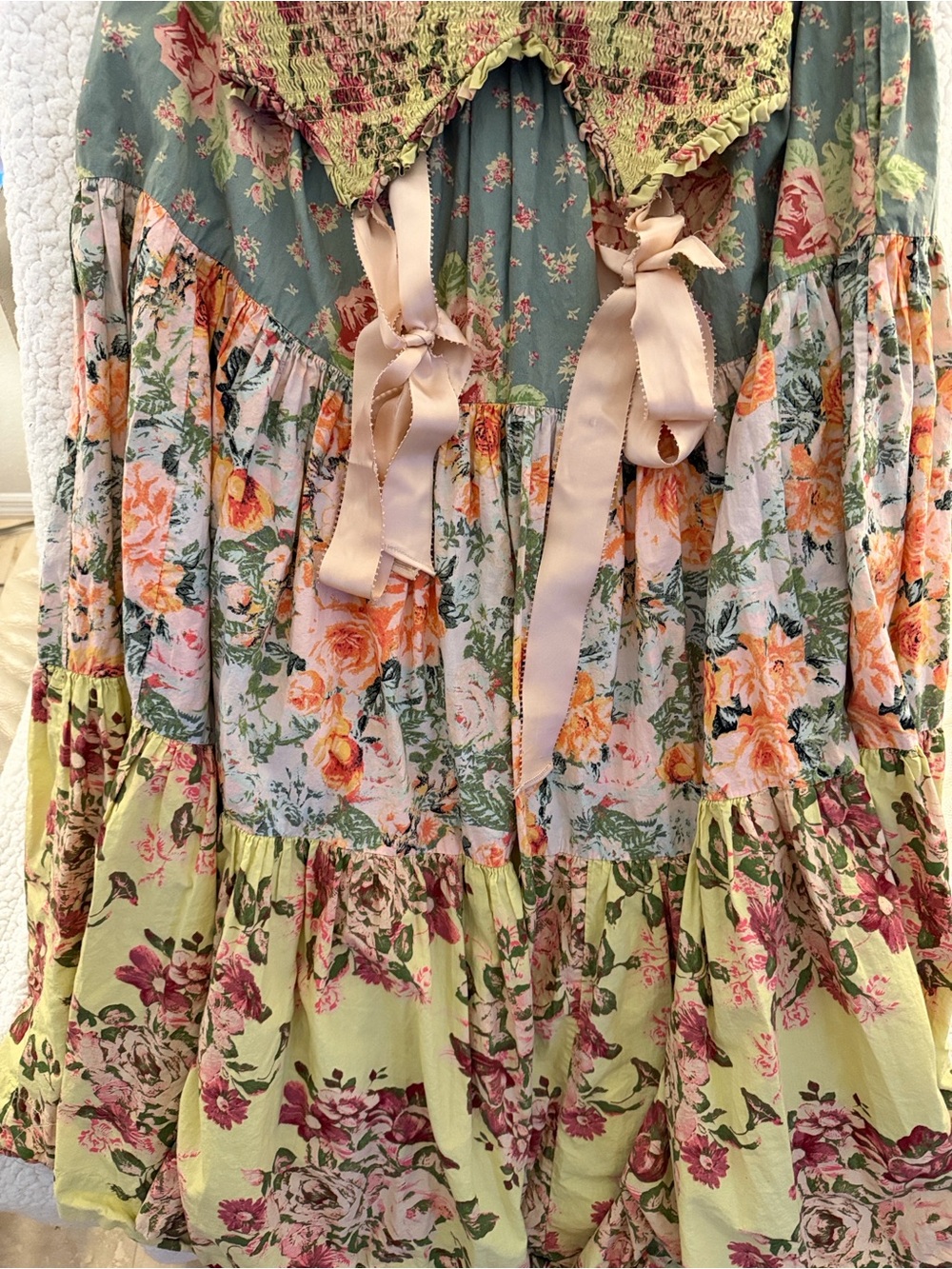 Free People Mixed Floral Tiered Maxi Dress with Pink Ribbon Straps - Picture 9 of 9
